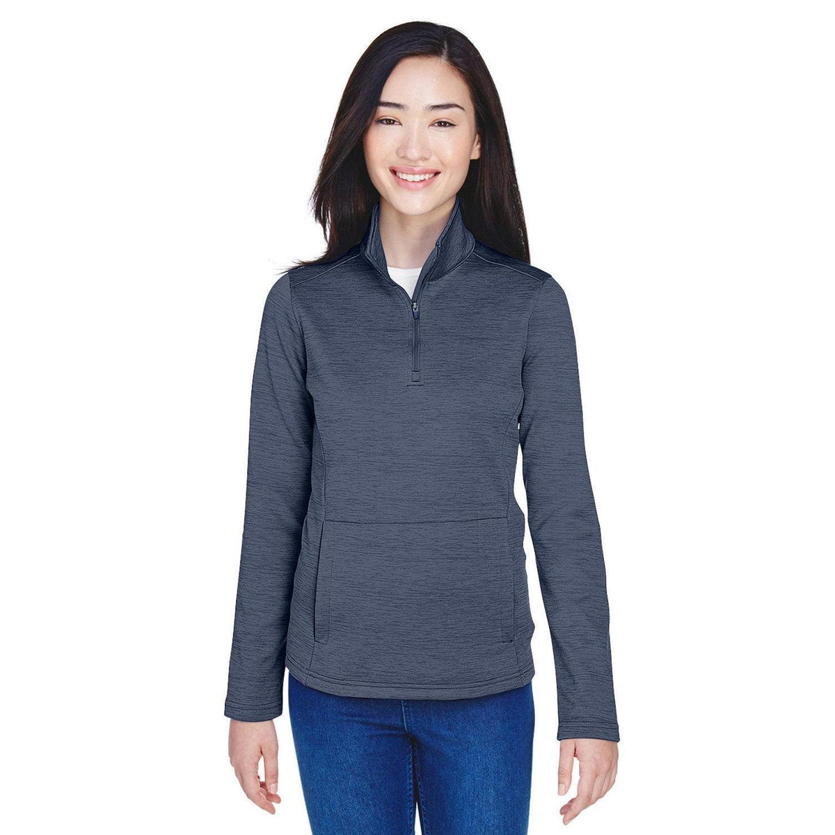 logo-left  Devon & Jones Ladies Newbury Mélange Fleece Quarter-Zip-Ladies Layering-Devon&Jones-Navy Heather-S-Thread Logic