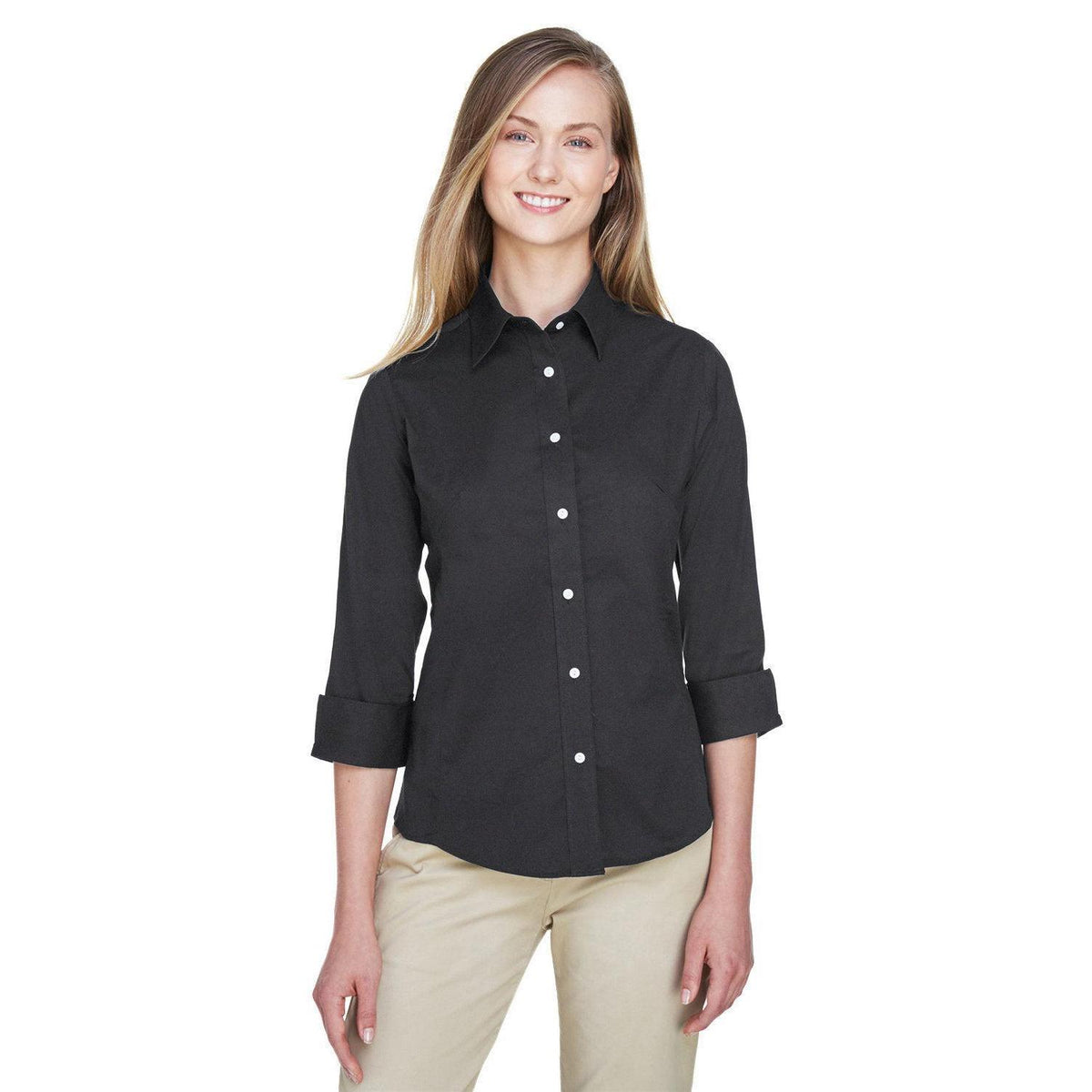 no-logo  Devon & Jones Ladies Perfect Fit 3/4-Sleeve Stretch Poplin Blouse-Ladies Dress Shirts-Devon&Jones-Black-S-Thread Logic