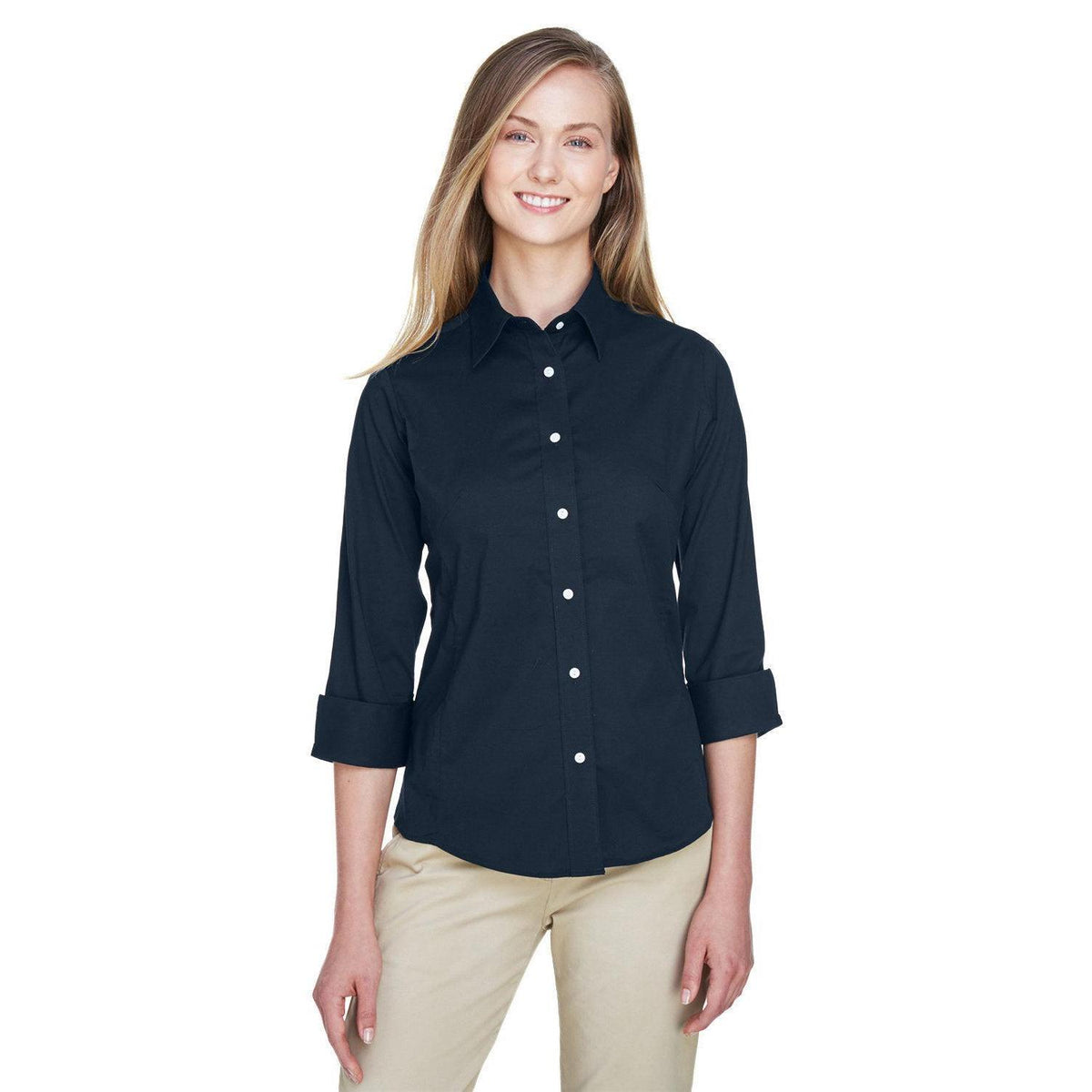 no-logo  Devon & Jones Ladies Perfect Fit 3/4-Sleeve Stretch Poplin Blouse-Ladies Dress Shirts-Devon&Jones-Navy-S-Thread Logic