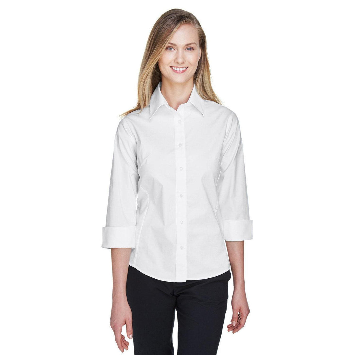 no-logo  Devon & Jones Ladies Perfect Fit 3/4-Sleeve Stretch Poplin Blouse-Ladies Dress Shirts-Devon&Jones-White-S-Thread Logic