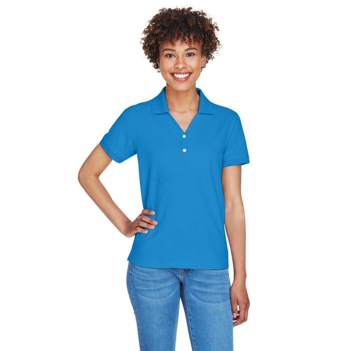 logo-left  Devon & Jones Ladies Pima Pique Short-Sleeve Y-Collar Polo-Ladies Polos-Devon&Jones-French Blue-S-Thread Logic