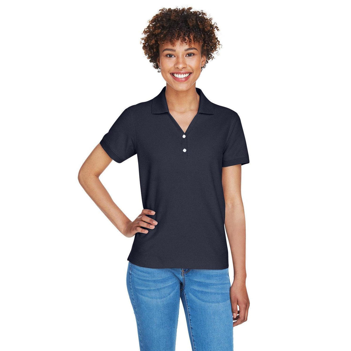 logo-left  Devon & Jones Ladies Pima Pique Short-Sleeve Y-Collar Polo-Ladies Polos-Devon&Jones-Navy-S-Thread Logic