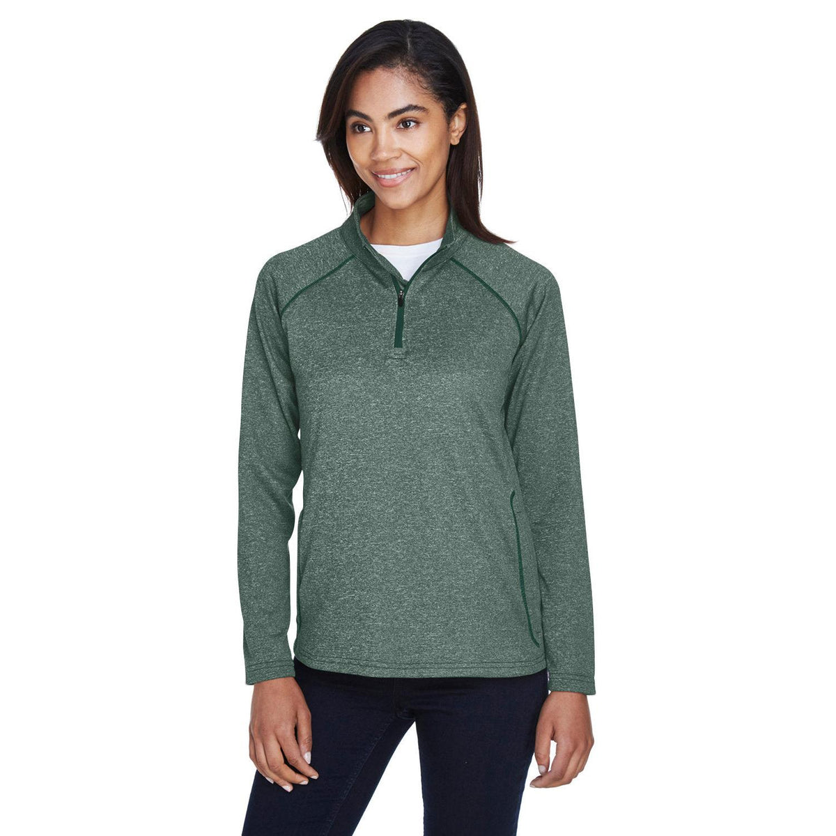 logo-right  Devon & Jones Ladies Stretch Tech-Shell Compass Quarter-Zip-Ladies Layering-Devon&Jones-Forest Heather-S-Thread Logic