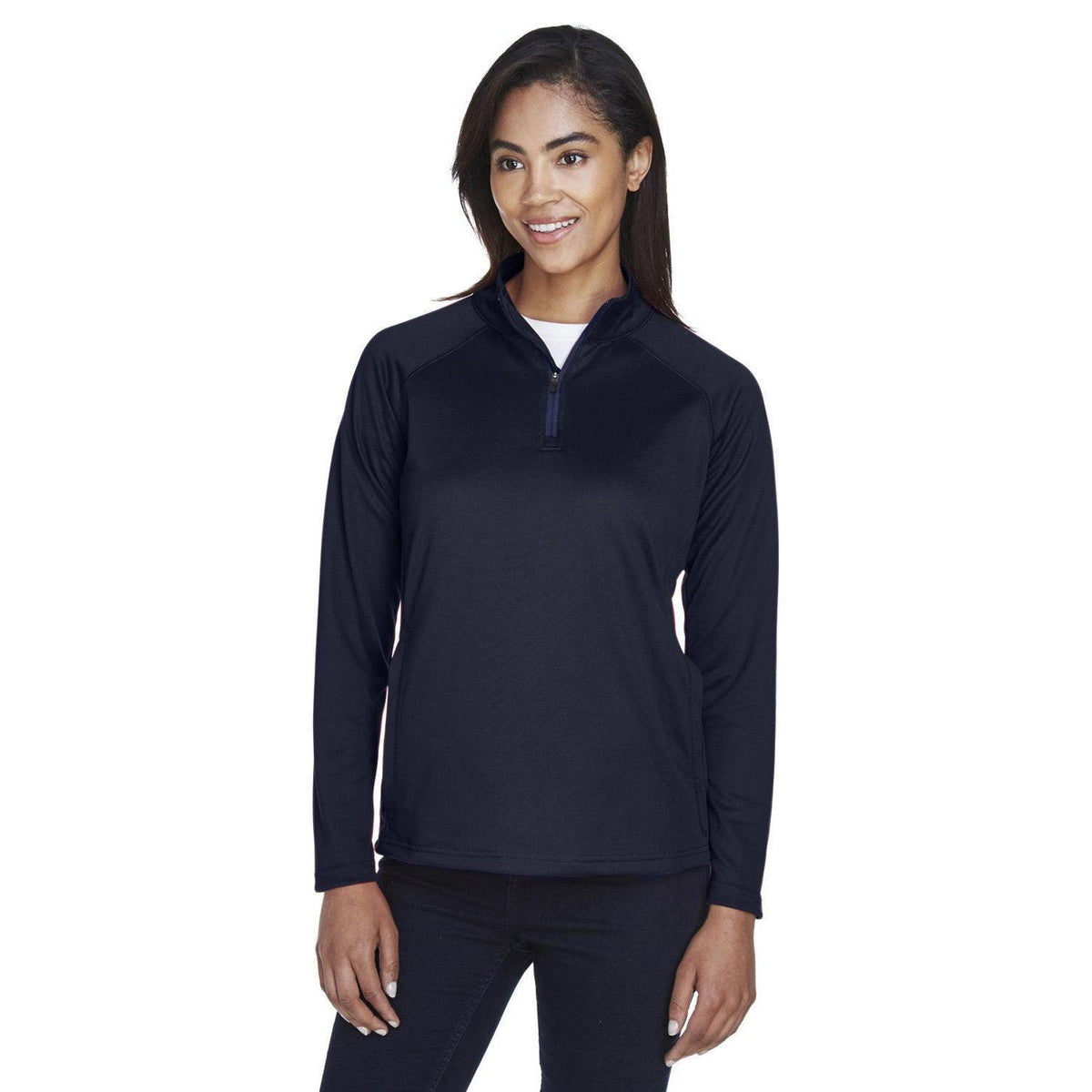 logo-right  Devon & Jones Ladies Stretch Tech-Shell Compass Quarter-Zip-Ladies Layering-Devon&Jones-Navy-S-Thread Logic