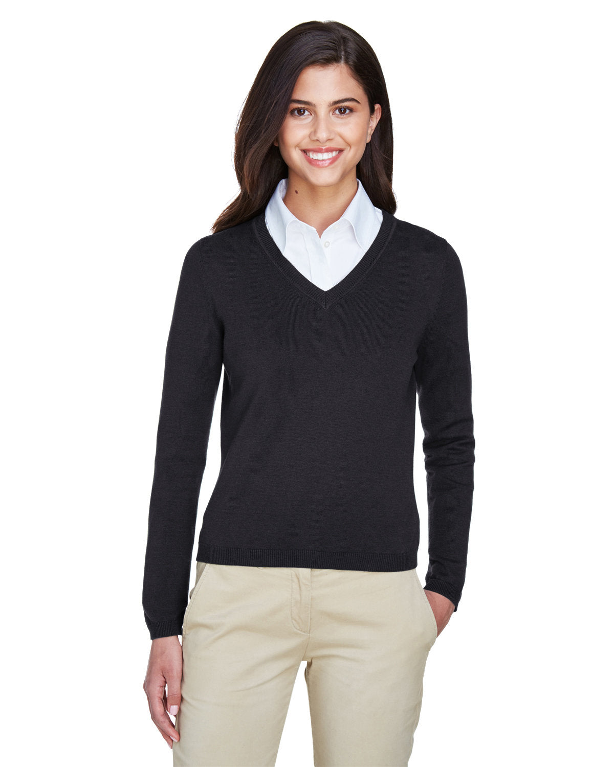  Devon & Jones Ladies V-Neck Sweater-Ladies Layering-Devon&Jones-Black-S-Thread Logic