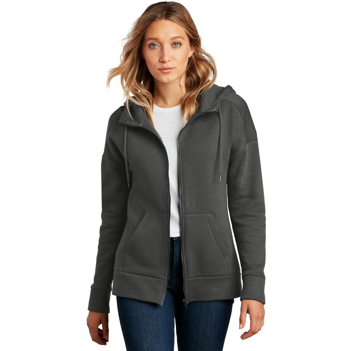 no-logo District Ladies Perfect Weight Fleece Drop Shoulder Full-Zip Hoodie-Regular-District-Thread Logic