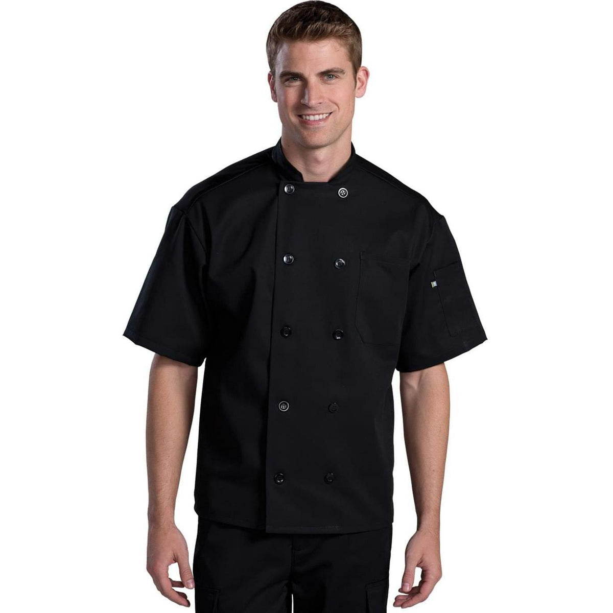 no-logo Edwards 10 Button Short Sleeve Chef Coat with Mesh-Men's Chef Coats-Edwards-Black-XS-Thread Logic