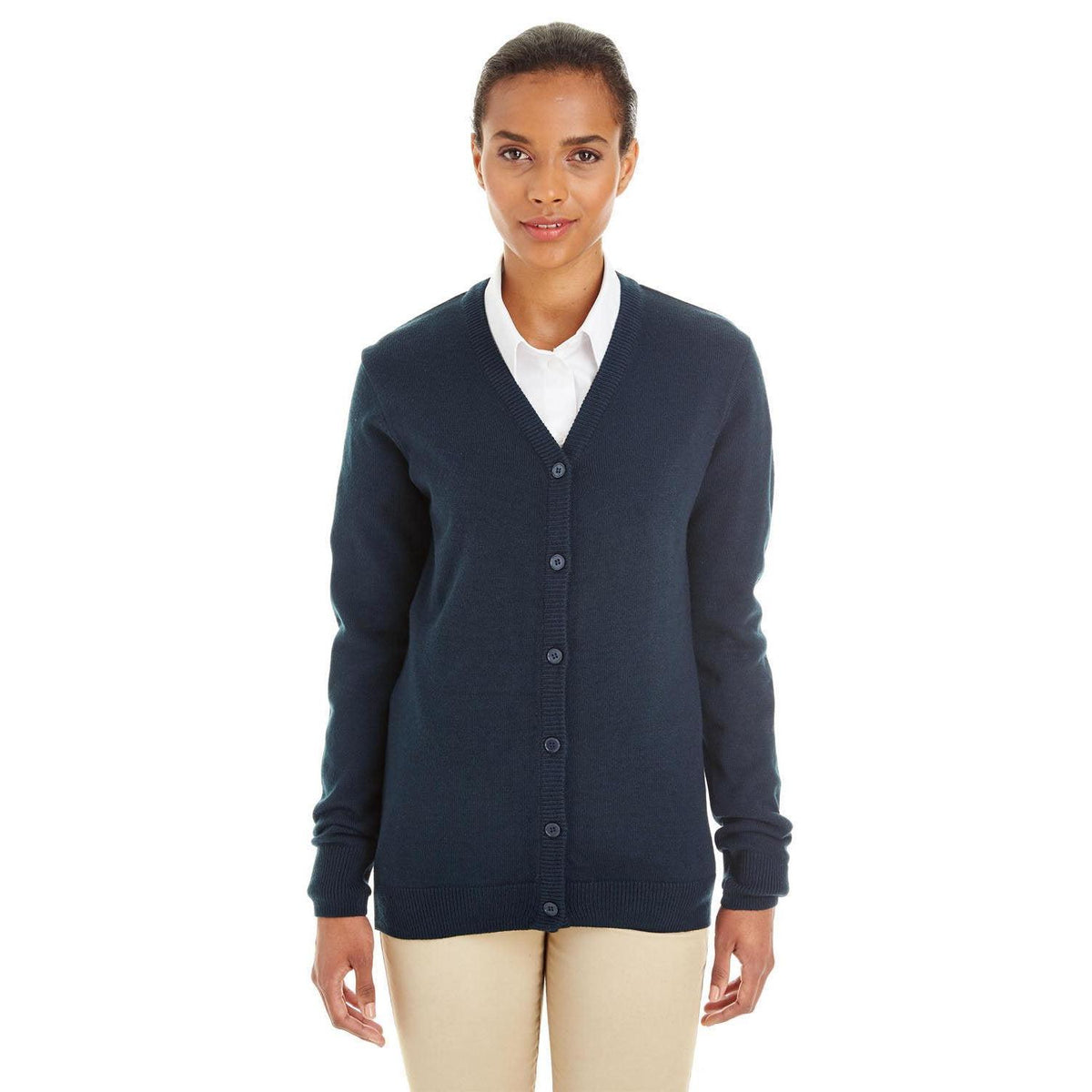 no-logo Harriton Women's Pilbloc V-Neck Button Cardigan Sweater-Sweaters-Harriton-Dark Navy-XS-Thread Logic