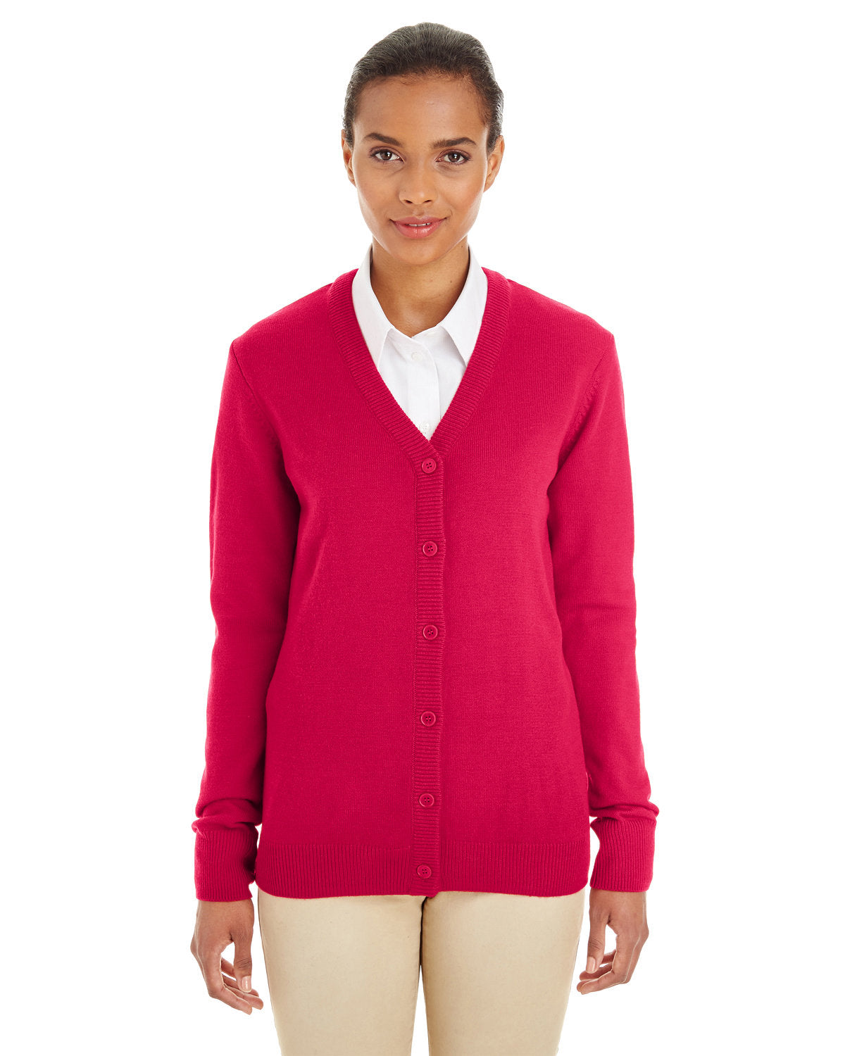  Harriton Ladies Pilbloc V-Neck Button Cardigan Sweater-Ladies Layering-Harriton-Red-XS-Thread Logic