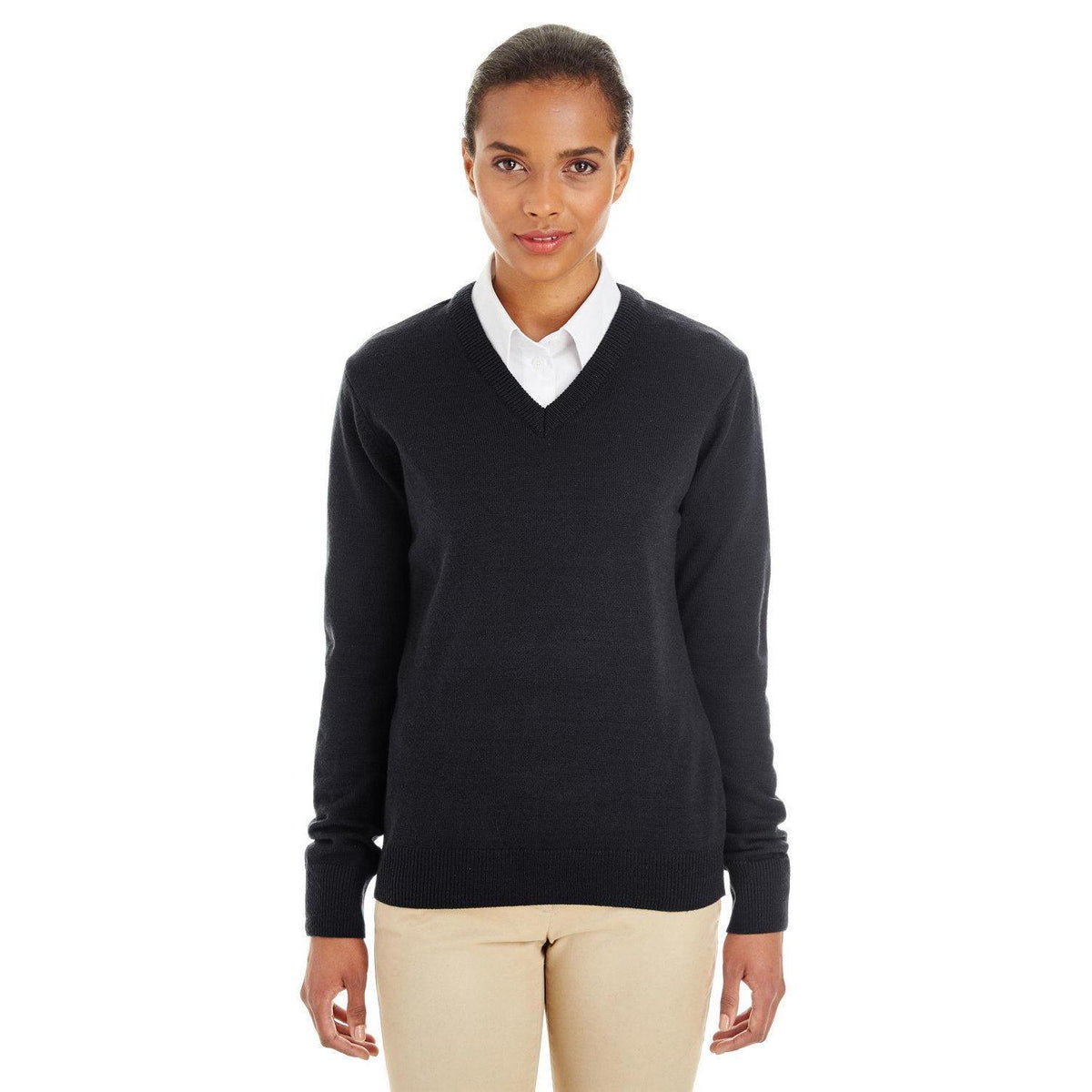no-logo Harriton Women's Pilbloc V-Neck Sweater-Sweaters-Harriton-Black-XS-Thread Logic