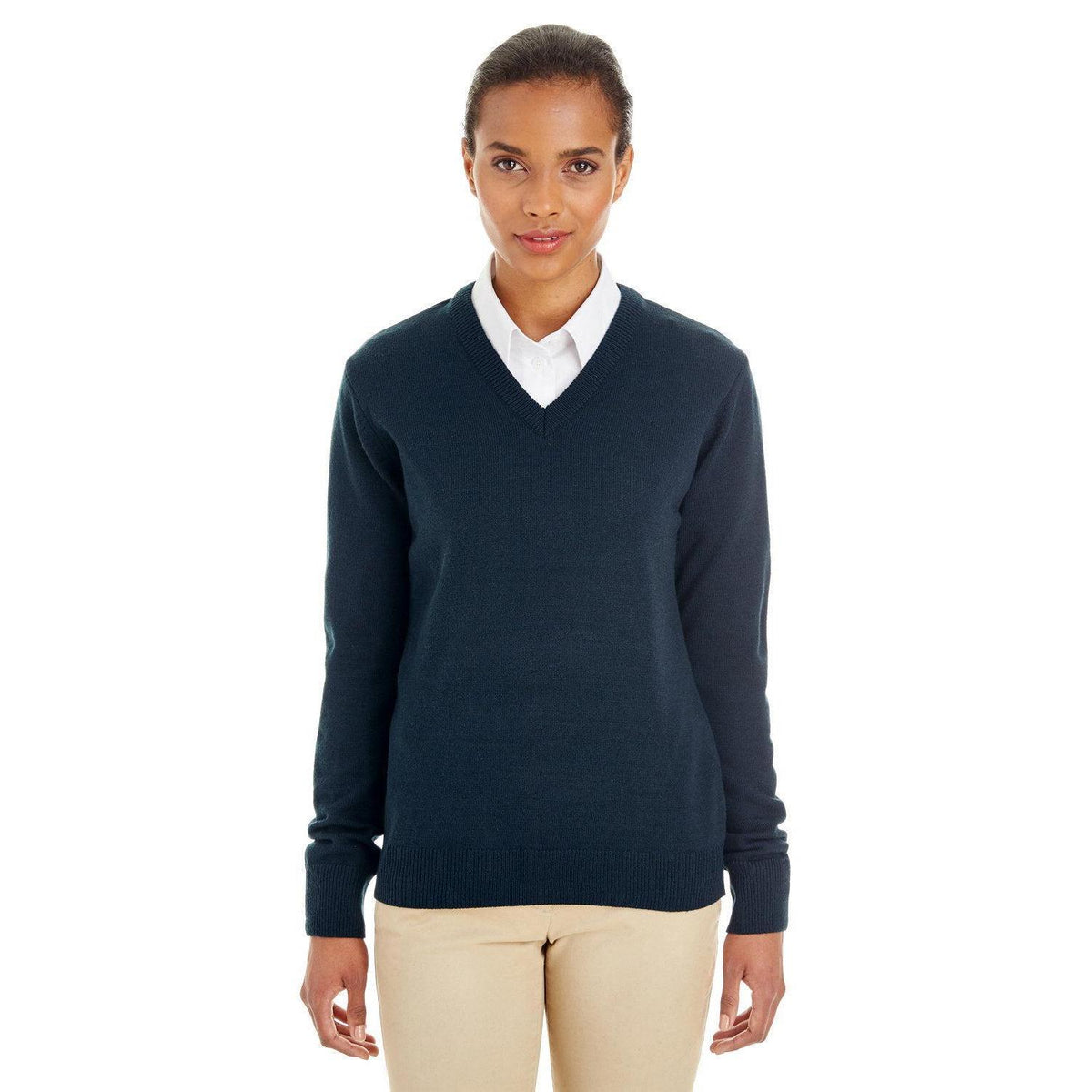 no-logo Harriton Women's Pilbloc V-Neck Sweater-Sweaters-Harriton-Dark Navy-XS-Thread Logic