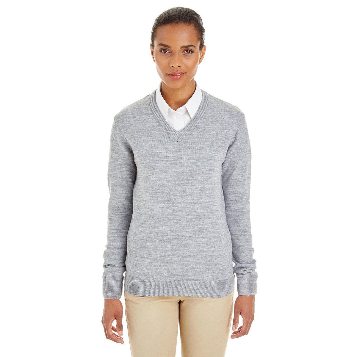 no-logo Harriton Women's Pilbloc V-Neck Sweater-Sweaters-Harriton-Grey Heather-XS-Thread Logic
