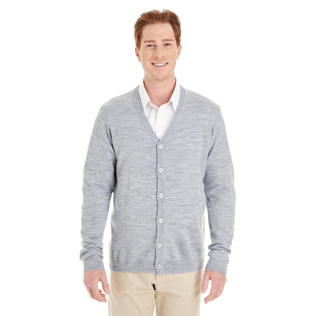 no-logo Harriton Pilbloc V-Neck Button Cardigan Sweater-Men's Layering-Harriton-Grey Heather-S-Thread Logic