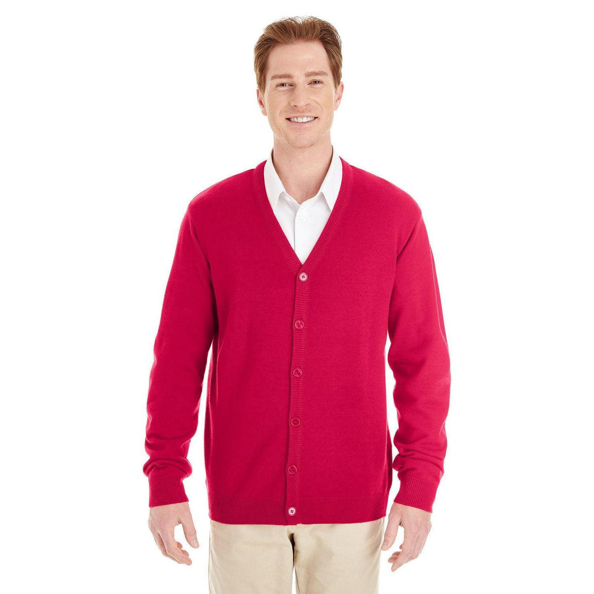 no-logo Harriton Pilbloc V-Neck Button Cardigan Sweater-Men's Layering-Harriton-Red-S-Thread Logic