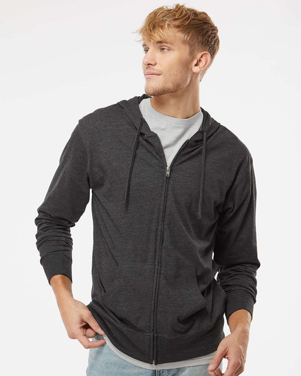 no-logo Independent Trading Co. Lightweight Jersey Full-Zip Hooded T-Shirt -Men's Layering-Independent Trading Co.-Thread Logic