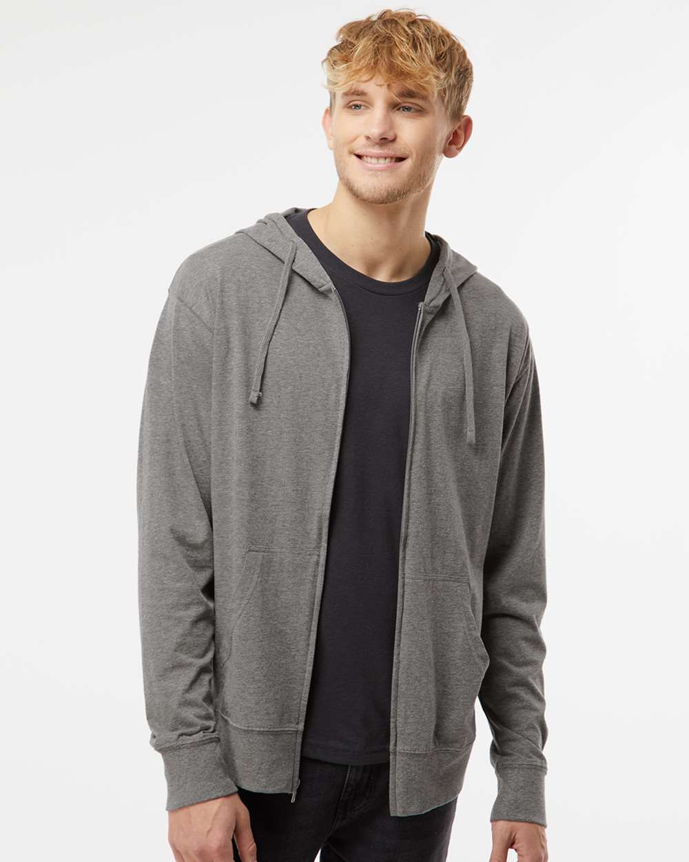 no-logo Independent Trading Co. Lightweight Jersey Full-Zip Hooded T-Shirt -Men's Layering-Independent Trading Co.-Thread Logic