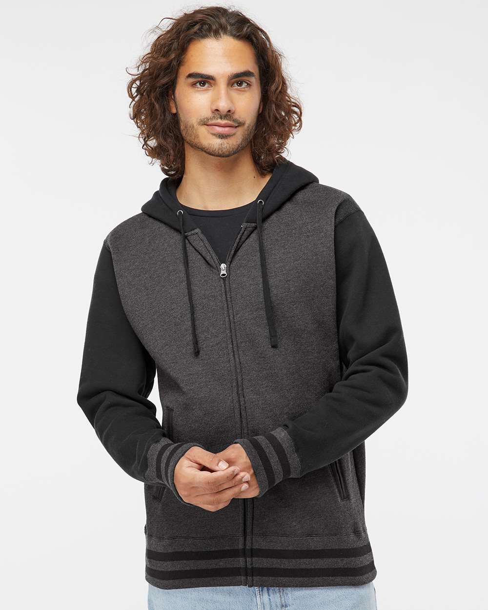 no-logo Independent Trading Co. Varsity Full-Zip Hooded Sweatshirt -Men's Layering-Independent Trading Co.-Thread Logic