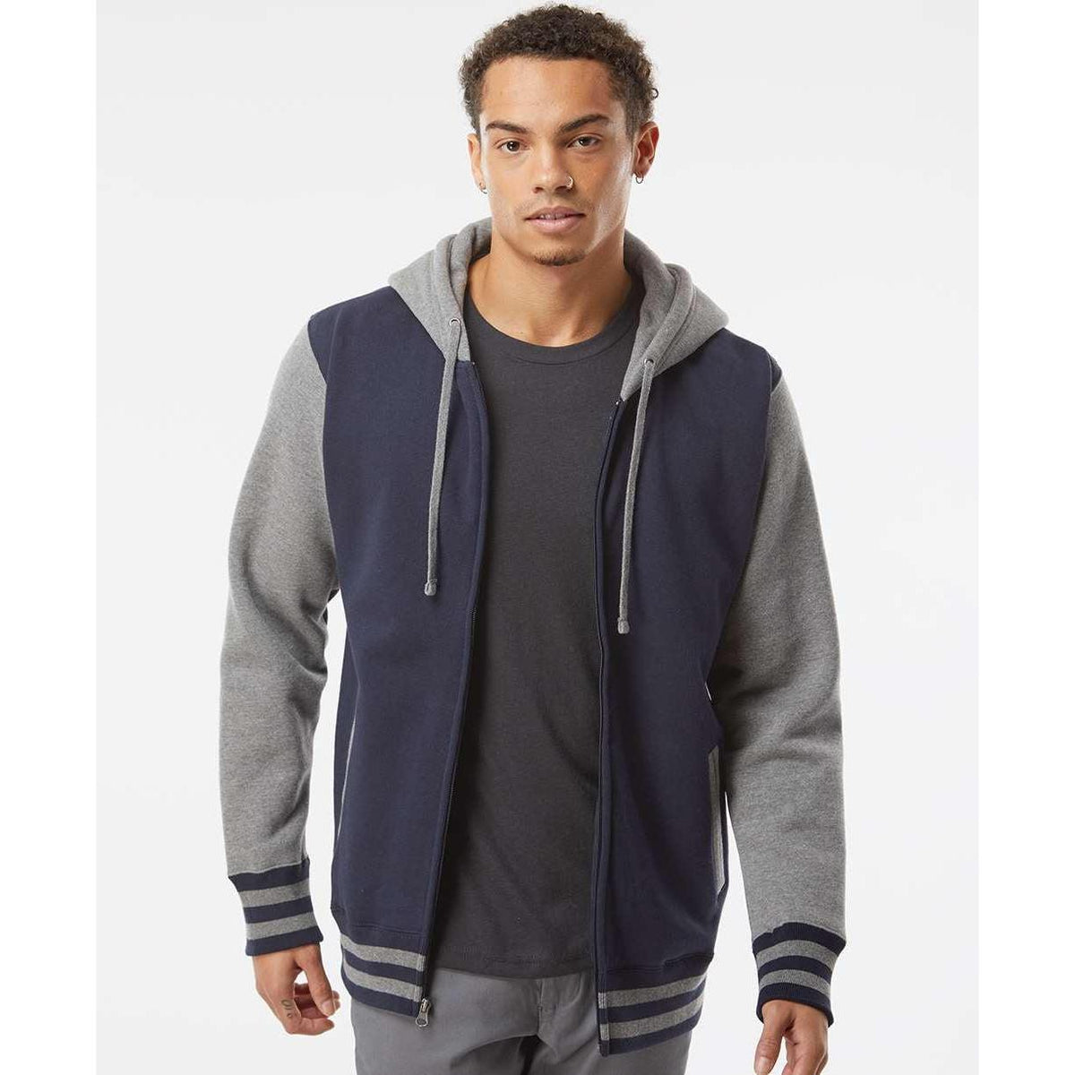 no-logo Independent Trading Co. Varsity Full-Zip Hooded Sweatshirt -Men's Layering-Independent Trading Co.-Thread Logic