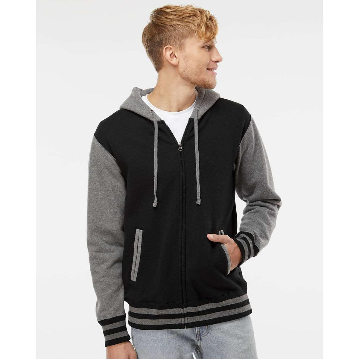 no-logo Independent Trading Co. Varsity Full-Zip Hooded Sweatshirt -Men's Layering-Independent Trading Co.-Thread Logic
