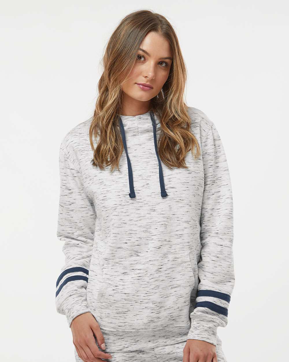 no-logo J America Ladies Mélange Fleece Striped-Sleeve Hooded Sweatshirt-Ladies Layering-J. America-Thread Logic