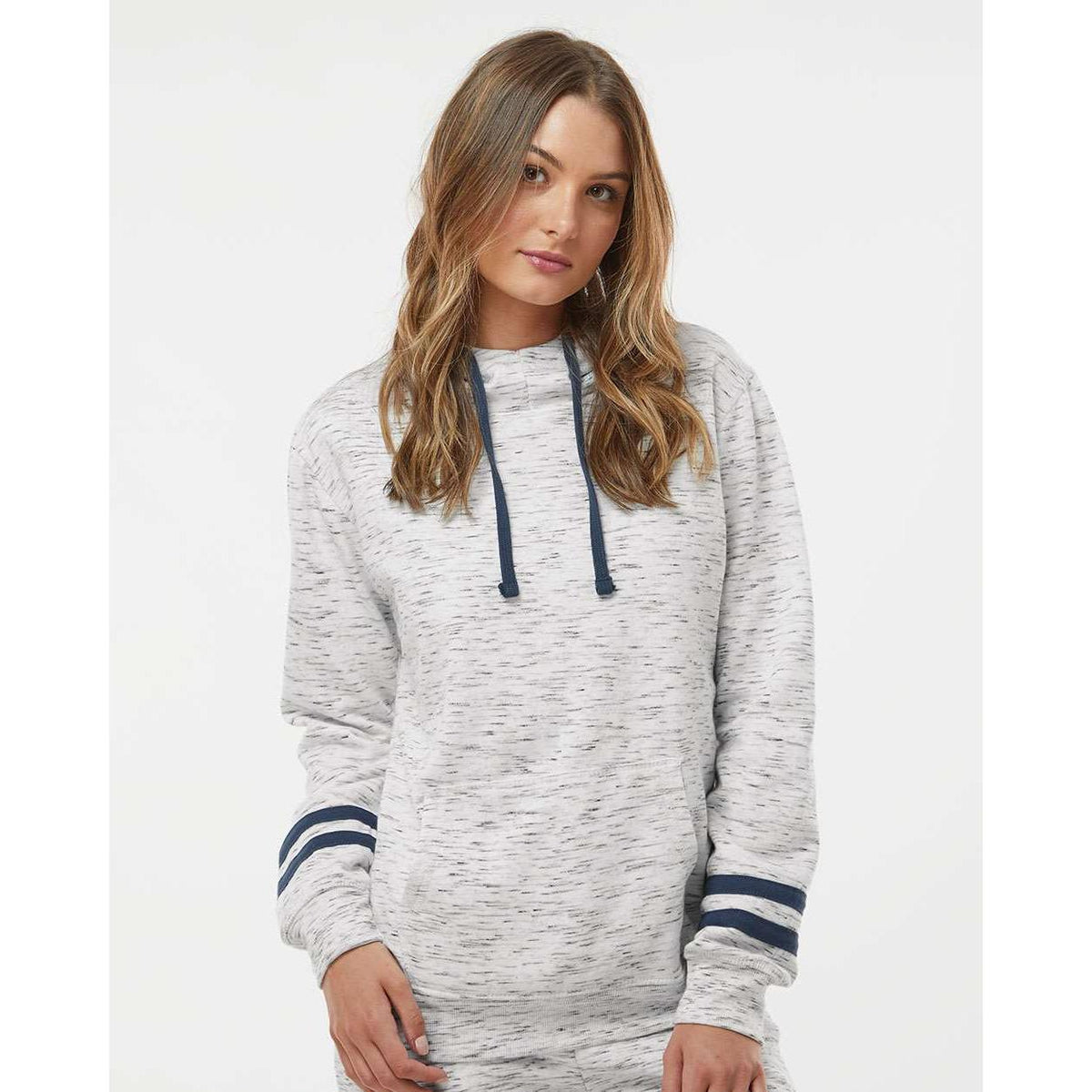 no-logo J America Women's Mélange Fleece Striped-Sleeve Hooded Sweatshirt-Hoodies-J. America-Thread Logic