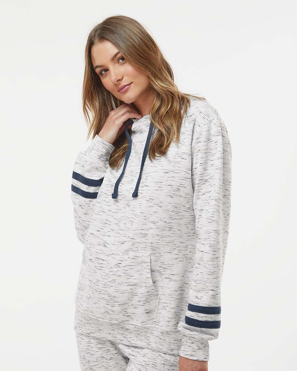 no-logo J America Ladies Mélange Fleece Striped-Sleeve Hooded Sweatshirt-Ladies Layering-J. America-Thread Logic