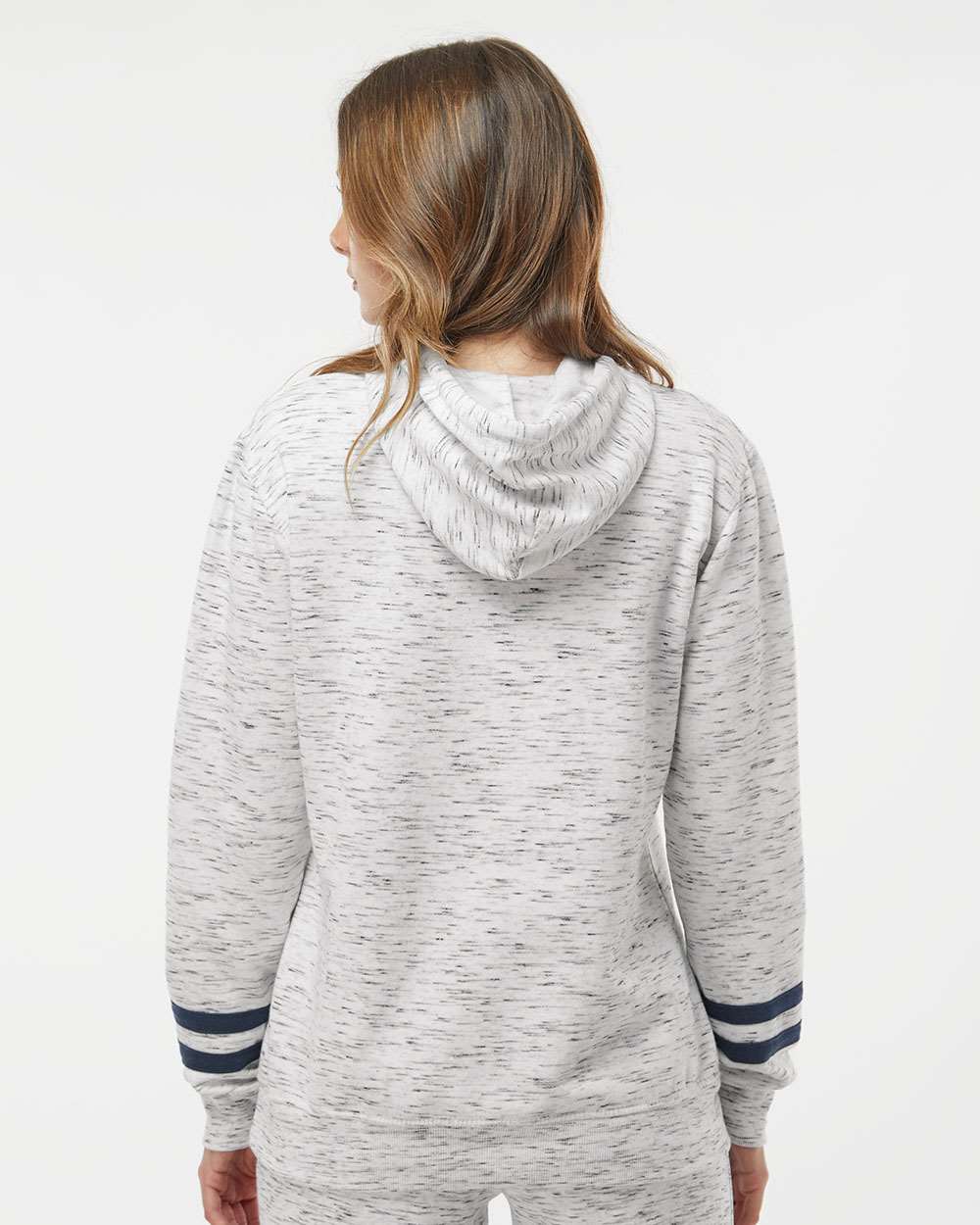 no-logo J America Ladies Mélange Fleece Striped-Sleeve Hooded Sweatshirt-Ladies Layering-J. America-Thread Logic