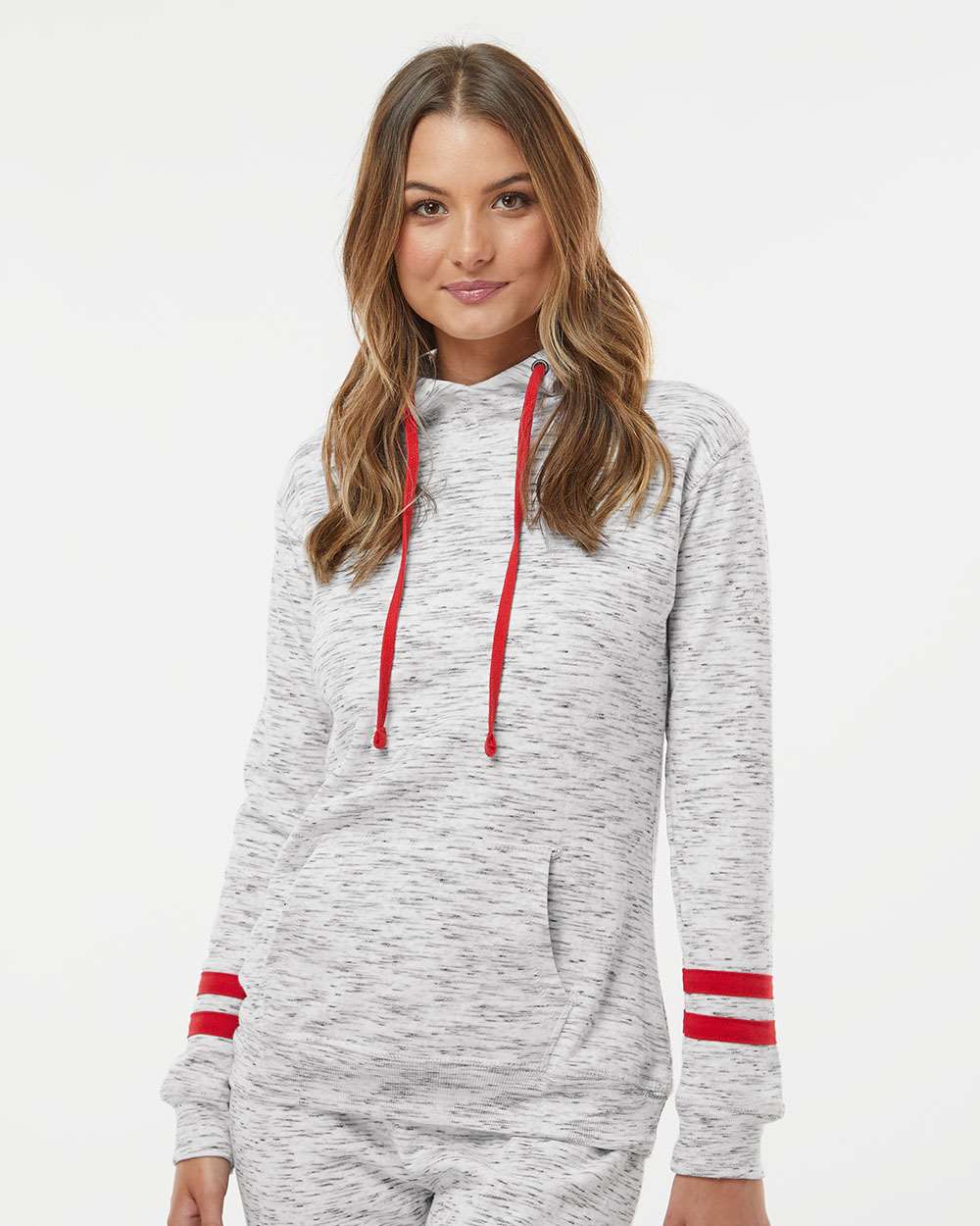 no-logo J America Ladies Mélange Fleece Striped-Sleeve Hooded Sweatshirt-Ladies Layering-J. America-Thread Logic