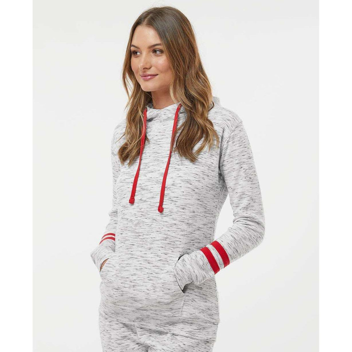 no-logo J America Women's Mélange Fleece Striped-Sleeve Hooded Sweatshirt-Hoodies-J. America-Thread Logic