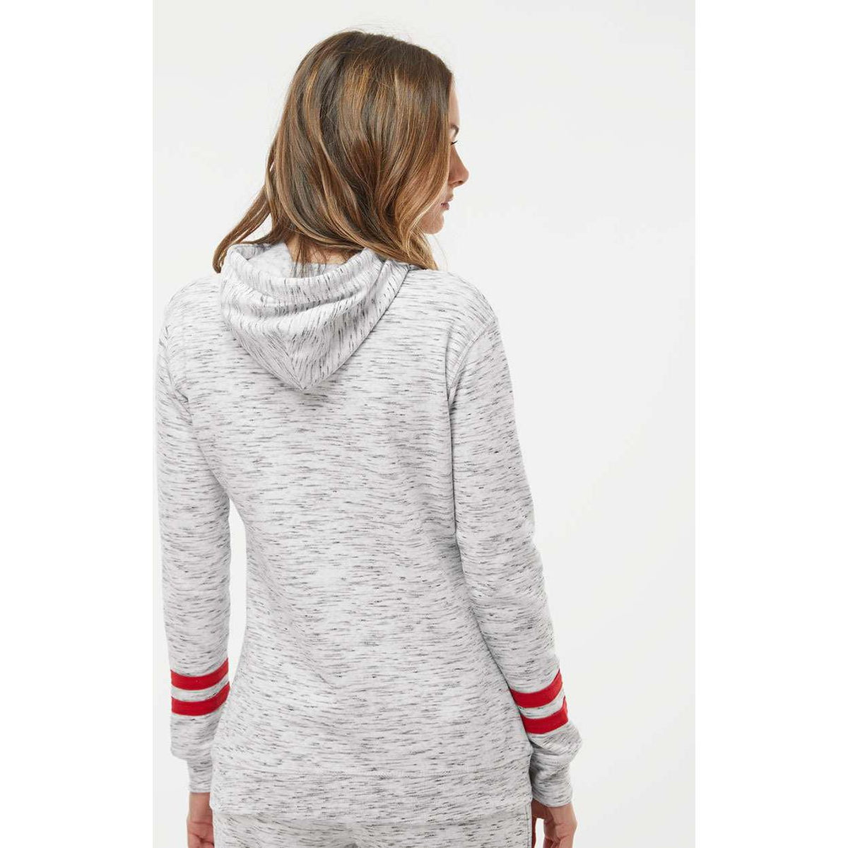 no-logo J America Women's Mélange Fleece Striped-Sleeve Hooded Sweatshirt-Hoodies-J. America-Thread Logic