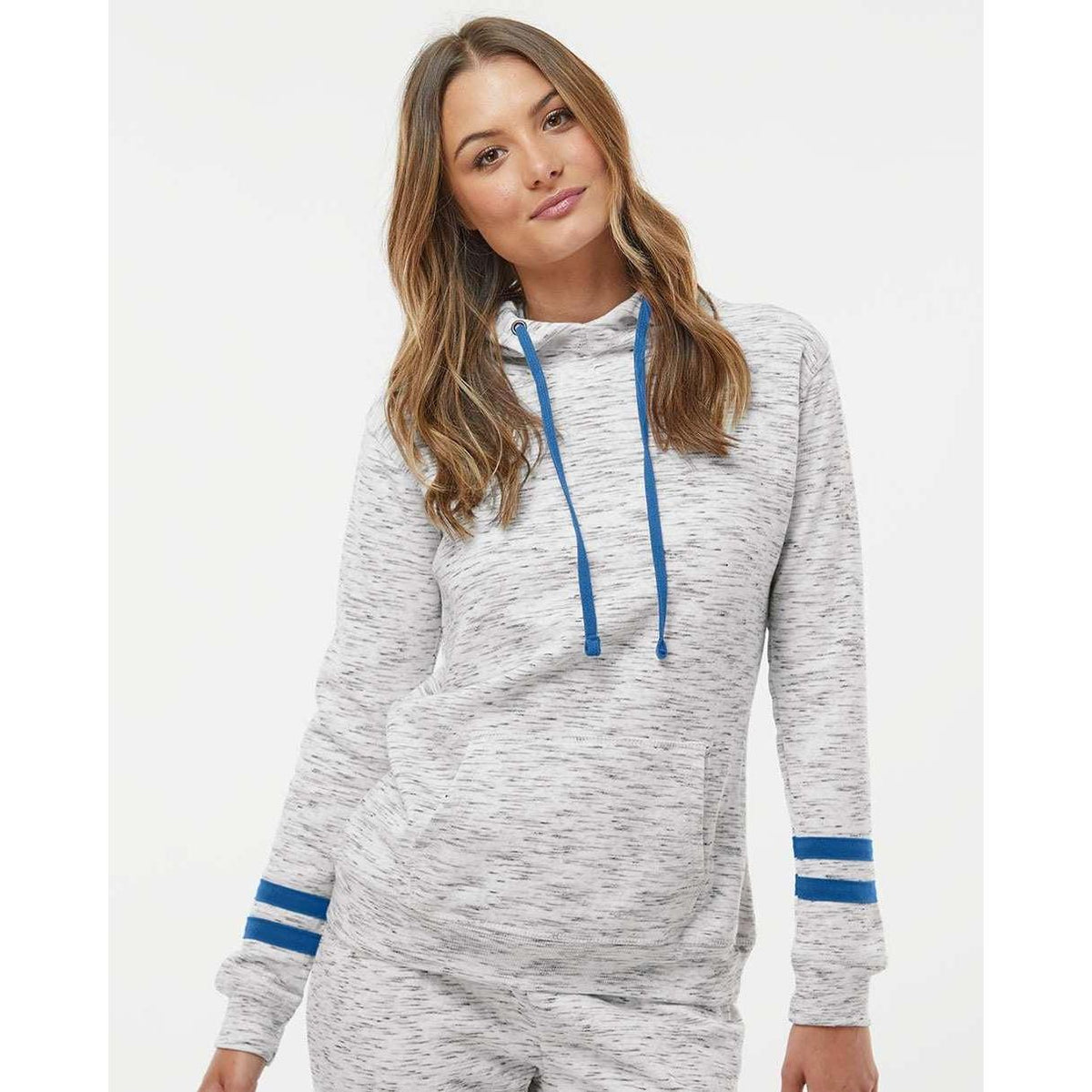 no-logo J America Women's Mélange Fleece Striped-Sleeve Hooded Sweatshirt-Hoodies-J. America-Thread Logic