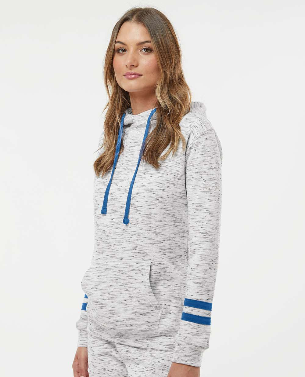 no-logo J America Ladies Mélange Fleece Striped-Sleeve Hooded Sweatshirt-Ladies Layering-J. America-Thread Logic