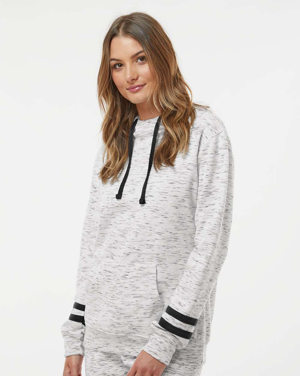 no-logo J America Ladies Mélange Fleece Striped-Sleeve Hooded Sweatshirt-Ladies Layering-J. America-Thread Logic