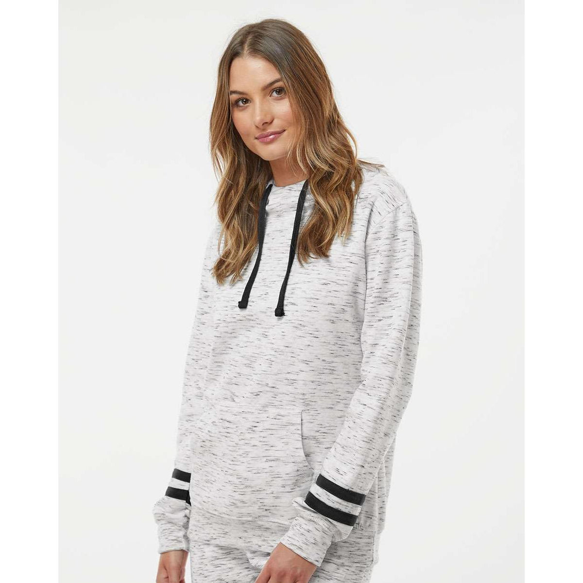 no-logo J America Women's Mélange Fleece Striped-Sleeve Hooded Sweatshirt-Hoodies-J. America-Thread Logic