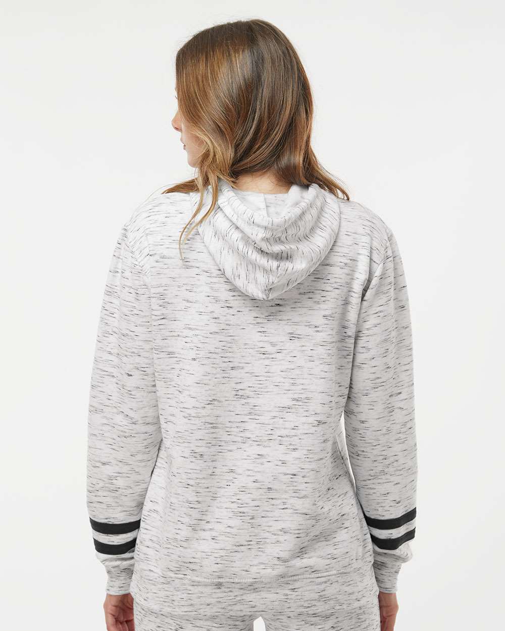 no-logo J America Ladies Mélange Fleece Striped-Sleeve Hooded Sweatshirt-Ladies Layering-J. America-Thread Logic
