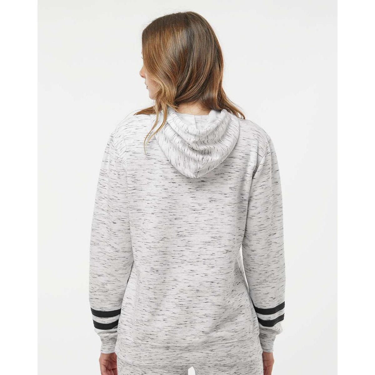 no-logo J America Women's Mélange Fleece Striped-Sleeve Hooded Sweatshirt-Hoodies-J. America-Thread Logic