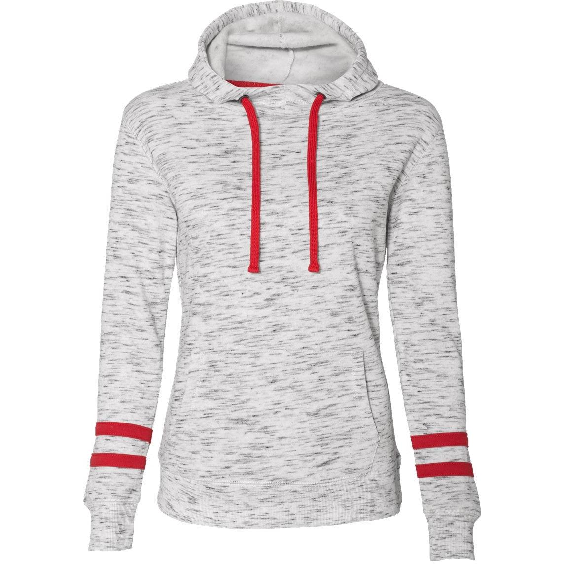 no-logo J America Women's Mélange Fleece Striped-Sleeve Hooded Sweatshirt-Hoodies-J. America-White/Red-S-Thread Logic