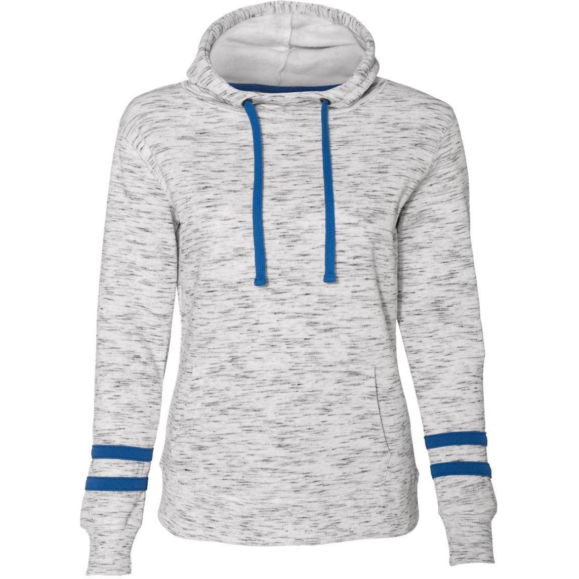 no-logo J America Women's Mélange Fleece Striped-Sleeve Hooded Sweatshirt-Hoodies-J. America-White/Royal-S-Thread Logic