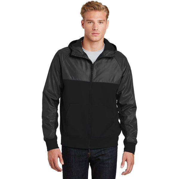 no-logo CLOSEOUT - Sport-Tek Embossed Hybrid Full-Zip Hooded Jacket-Sport-Tek-Black/Black-XL-Thread Logic