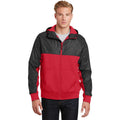 no-logo CLOSEOUT - Sport-Tek Embossed Hybrid Full-Zip Hooded Jacket-Sport-Tek-True Red/Black-S-Thread Logic