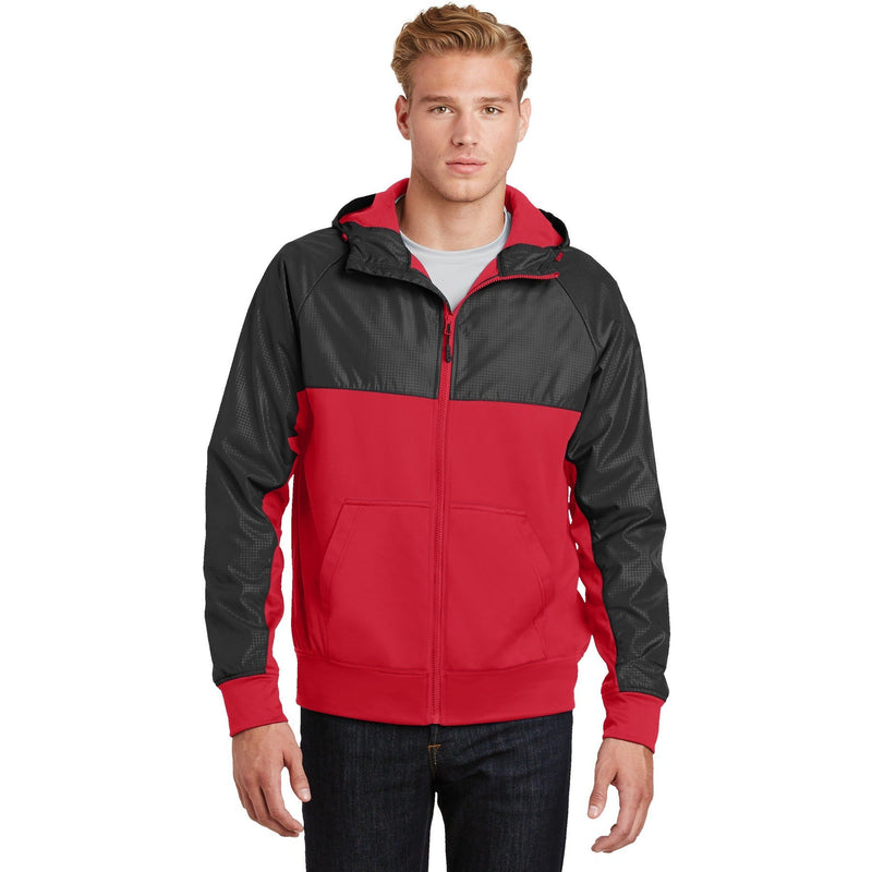 no-logo CLOSEOUT - Sport-Tek Embossed Hybrid Full-Zip Hooded Jacket-Sport-Tek-True Red/Black-S-Thread Logic