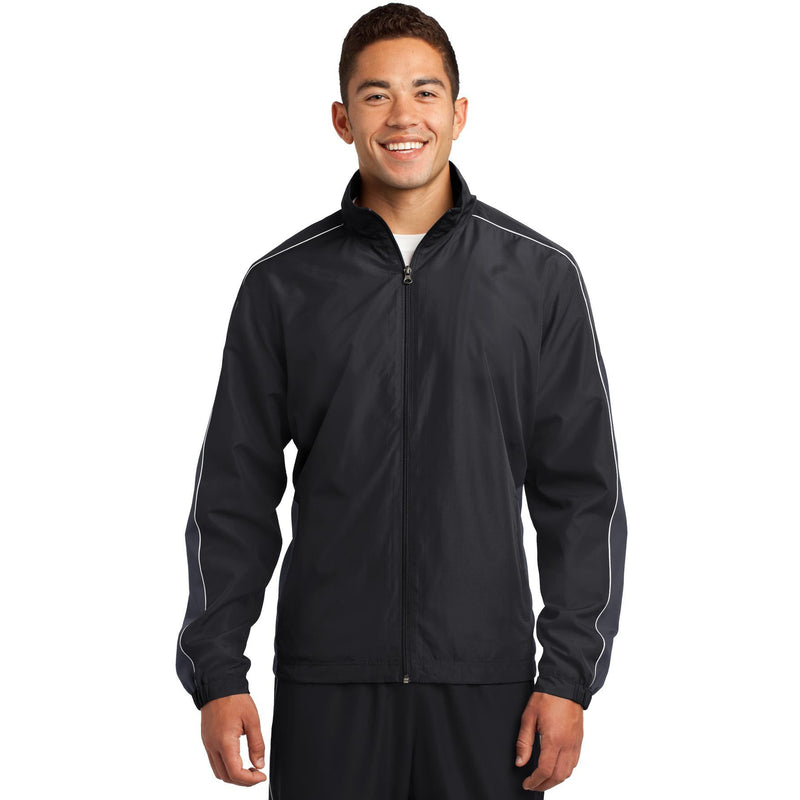 no-logo CLOSEOUT - Sport-Tek Piped Colorblock Wind Jacket-Sport-Tek-Black/Graphite Grey/White-M-Thread Logic