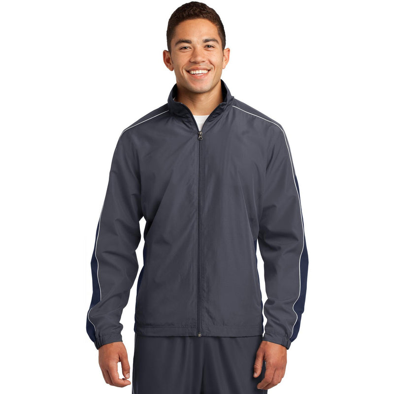 no-logo CLOSEOUT - Sport-Tek Piped Colorblock Wind Jacket-Sport-Tek-Graphite Grey/True Navy/White-S-Thread Logic