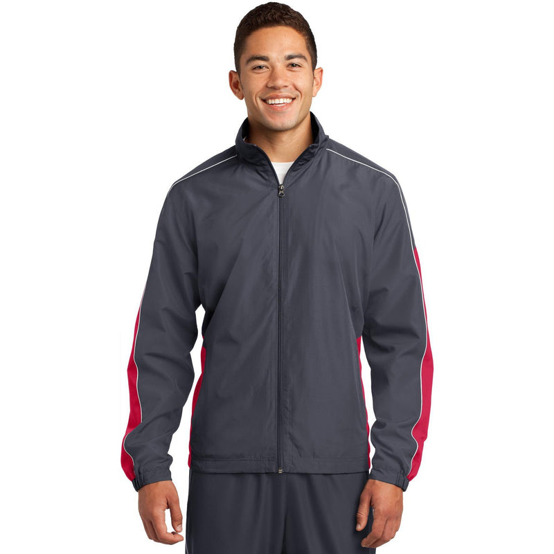 no-logo CLOSEOUT - Sport-Tek Piped Colorblock Wind Jacket-Sport-Tek-Graphite Grey/True Red/White-XS-Thread Logic