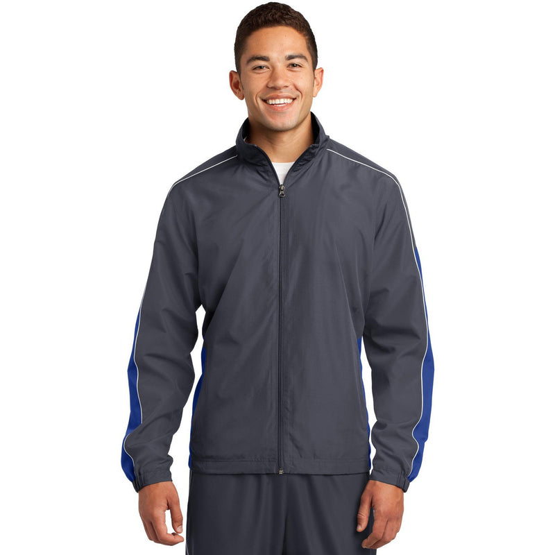 no-logo CLOSEOUT - Sport-Tek Piped Colorblock Wind Jacket-Sport-Tek-Graphite Grey/True Royal/White-S-Thread Logic