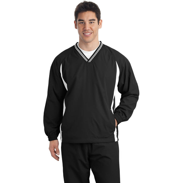 no-logo CLOSEOUT - Sport-Tek Tall Tipped V-Neck Raglan Wind Shirt-Sport-Tek-Black/White-LT-Thread Logic