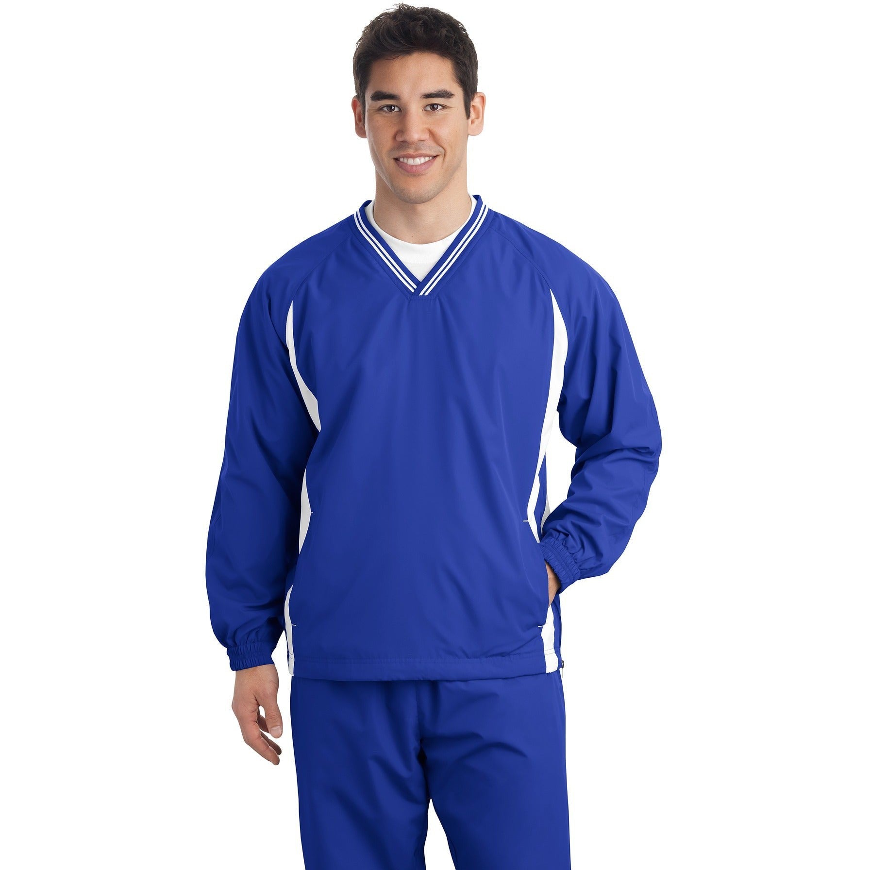 no-logo CLOSEOUT - Sport-Tek Tall Tipped V-Neck Raglan Wind Shirt-Sport-Tek-True Royal/White-LT-Thread Logic