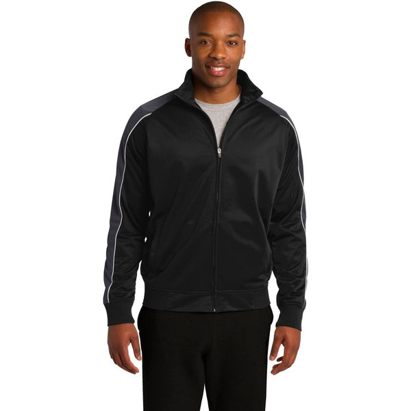 no-logo CLOSEOUT - Sport-Tek Piped Tricot Track Jacket-Sport-Tek-Black/Iron Grey/White-S-Thread Logic