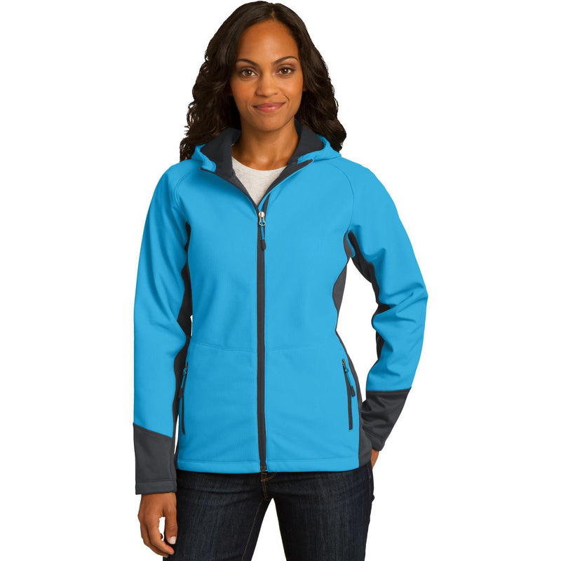 no-logo CLOSEOUT - Port Authority Ladies Vertical Hooded Soft Shell Jacket-Port Authority-Cyan Blue/Magnet Grey-XS-Thread Logic