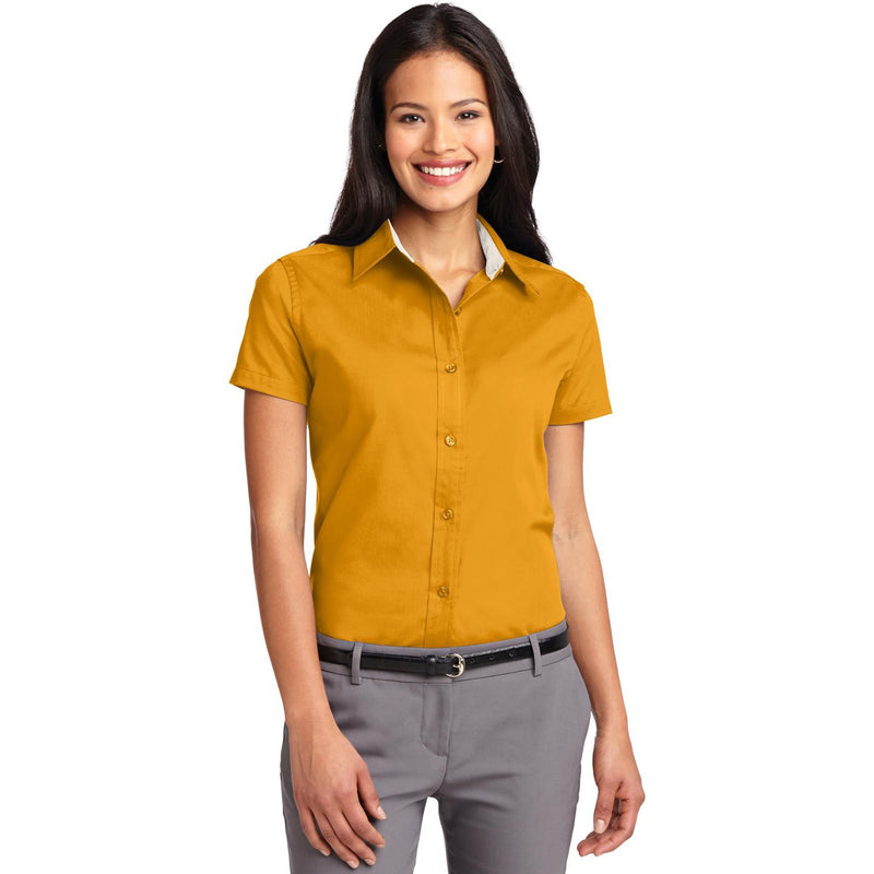 no-logo CLOSEOUT - Port Authority Ladies Short Sleeve Easy Care Shirt-Port Authority-Athletic Gold/Light Stone-XS-Thread Logic